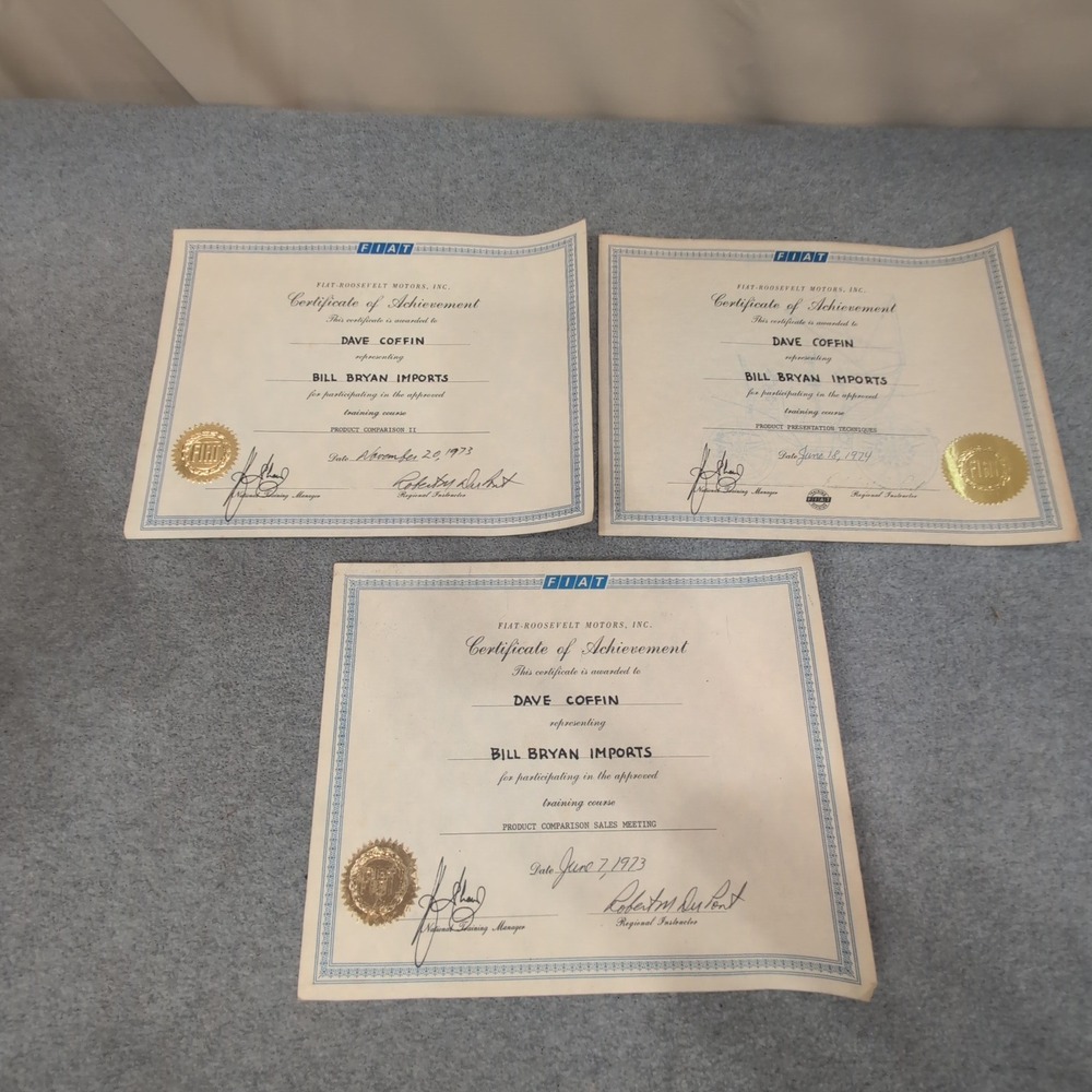 Vintage 1973-1974 Fiat‎ Roosevelt Motors Certificates of Achievement Set of 3